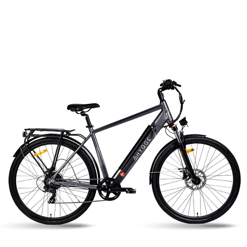 GRAPHITE GREY HYGGE AARHUS RIGHT SIDE PROFILE URBAN CROSSBAR EBIKE WITH WHITE BACKGROUND