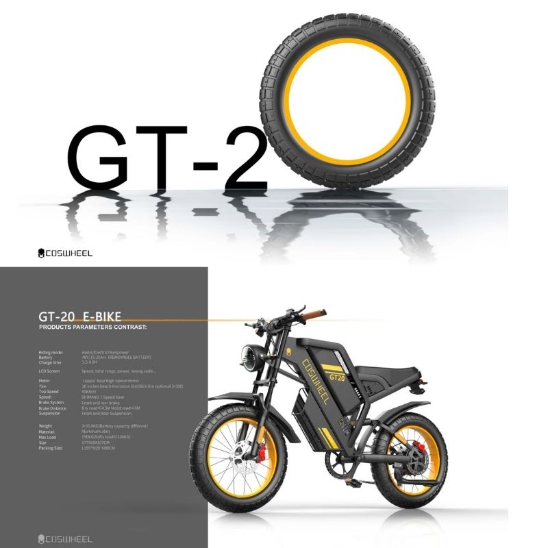 COSWHEEL GT20 Electric Bike 20" - 80Nm Torque | Top Speed 28mph | 87mi Range | 1000W Power