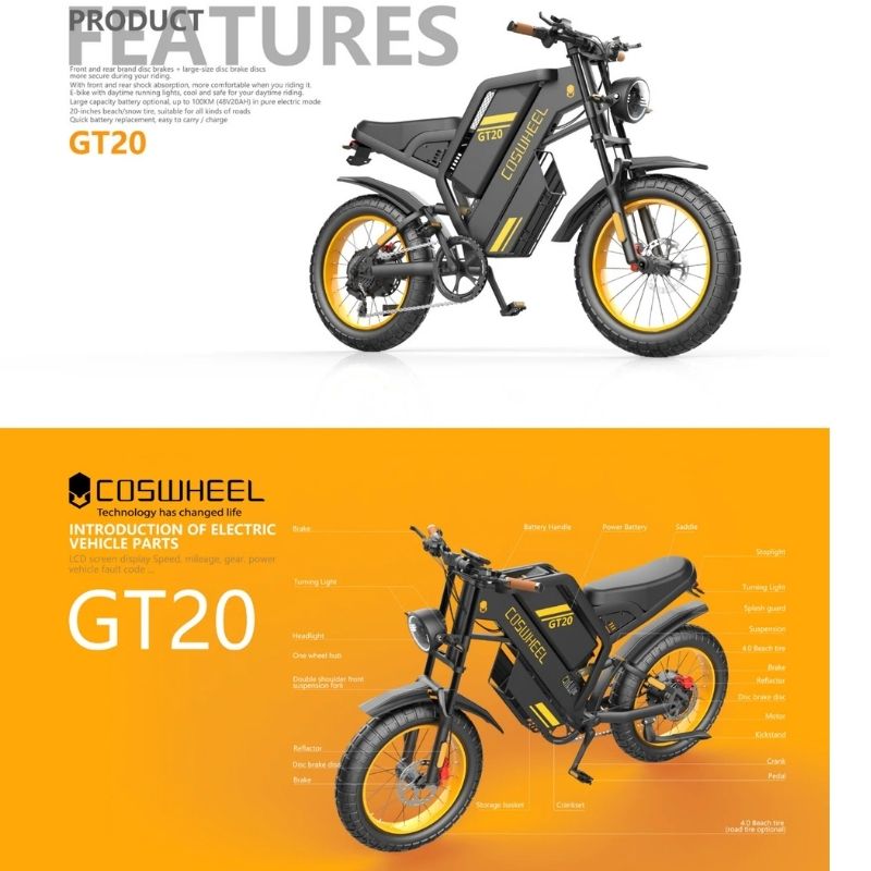 COSWHEEL GT20 Electric Bike 20" - 80Nm Torque | Top Speed 28mph | 87mi Range | 1000W Power