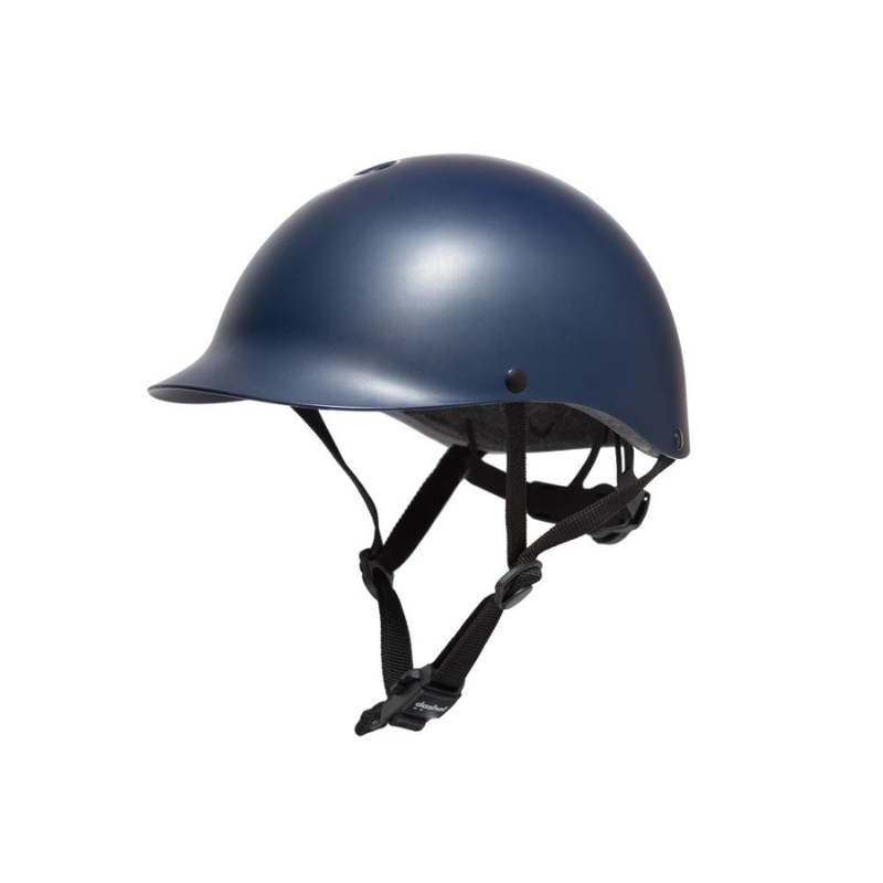 Navy Blue Bike Helmet with White Background facing left at angle