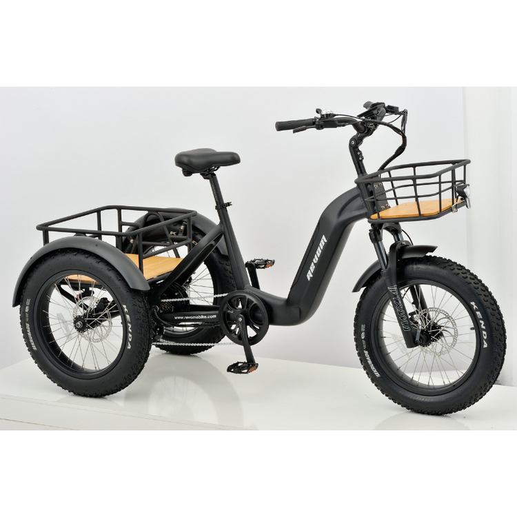 Revom T2 Electric Tricycle in matt Black with front and rear baskets and fat tyres