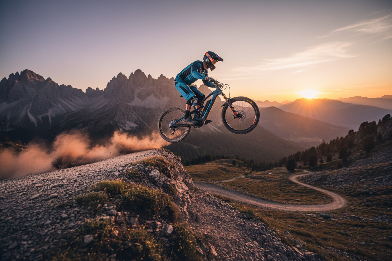 electric mountain bike on a trail splashing through a muddy puddle, the rider wearing black shorts and trainers