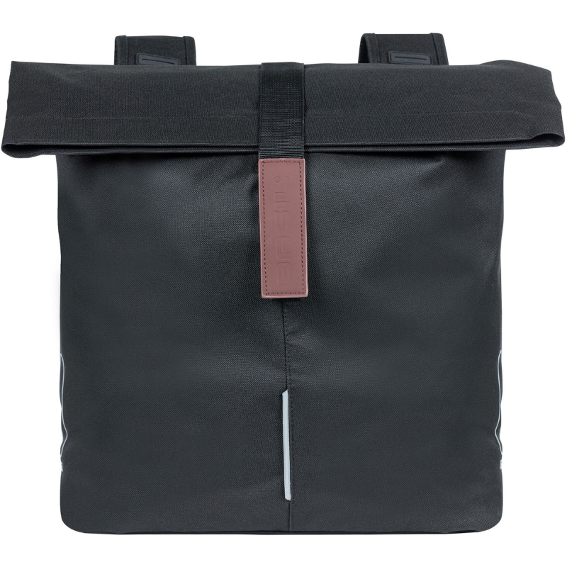 Side profile of Black roll-top pannier with a dark pink strap on a white background