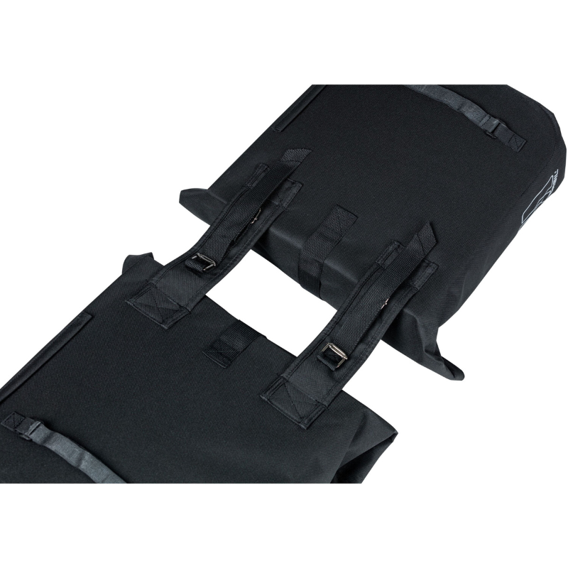Black Basil Double panniers laid flat with straps on a white background