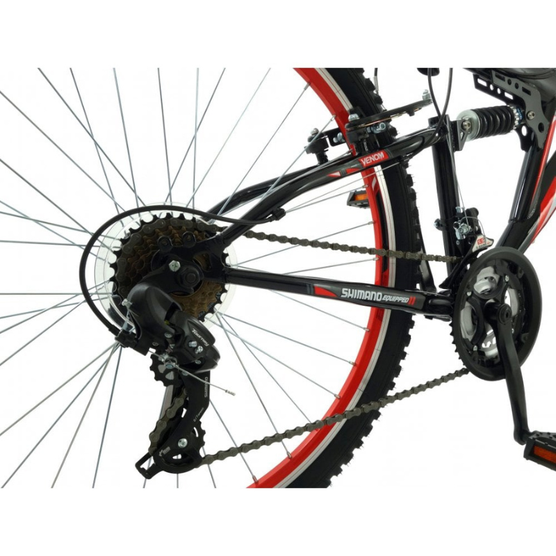 Close-up of a bicycle's red rear wheel and gear system on a white background