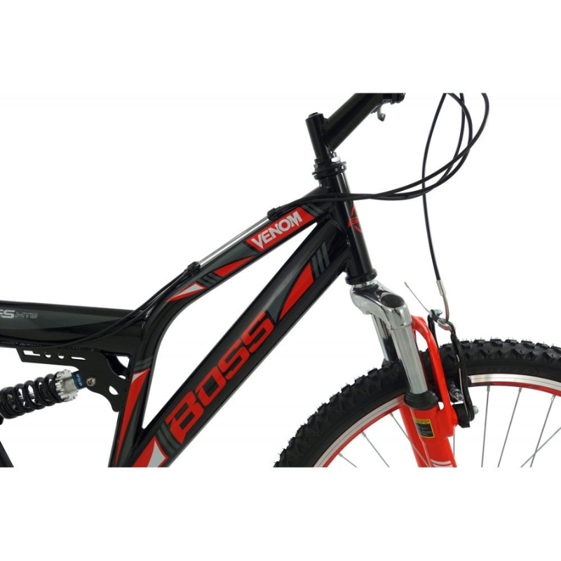 Black and red mountain bike with 'BOSS' and 'VENOM' branding on a white background