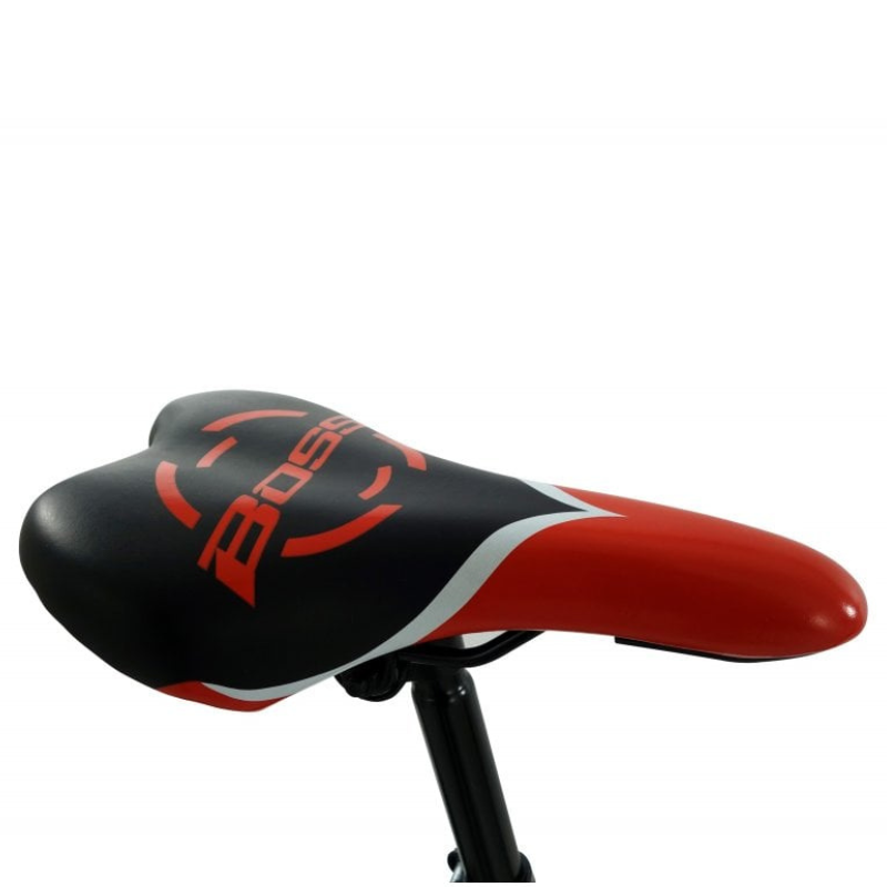 Bicycle seat with red and black design on a white background