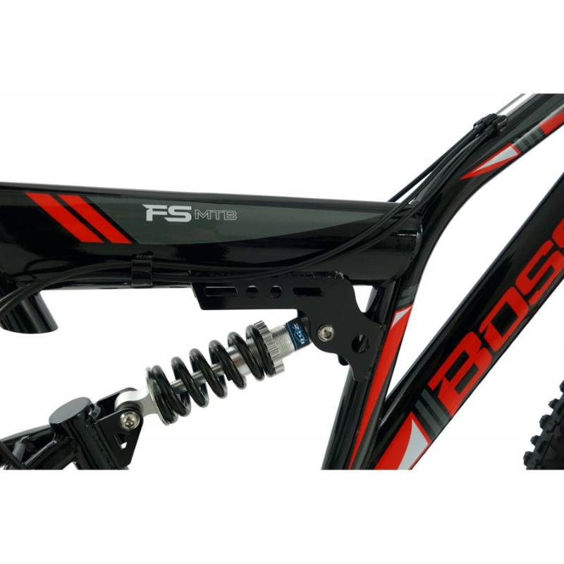 Close-up of a bicycle frame with 'Boss' branding on a white background