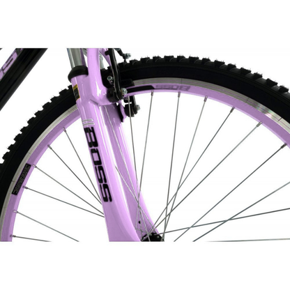 Close-up of a purple Venom MTB wheel with 'Boss' branding on a white background