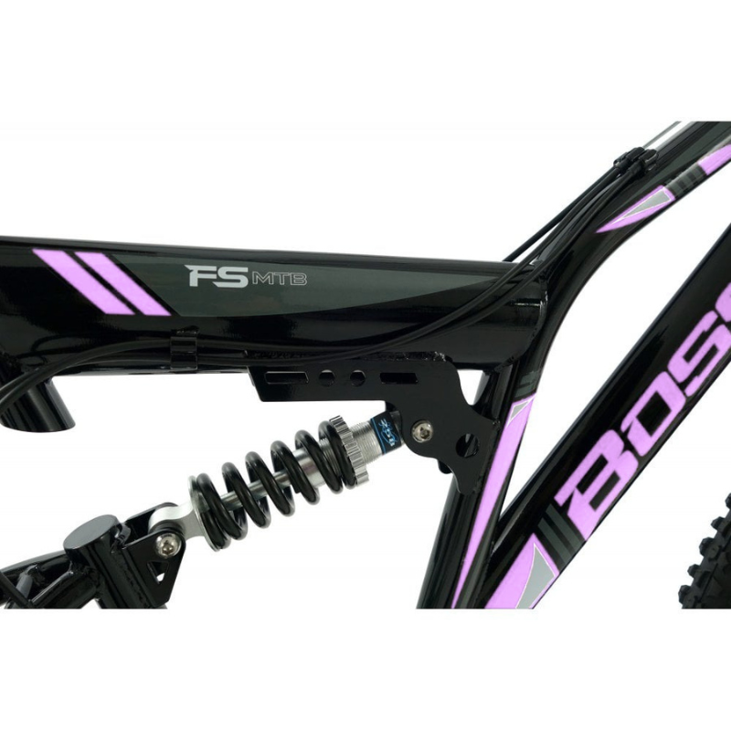 Close-up of a bicycle frame with 'Boss' branding on a white background
