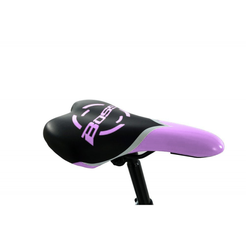 Black and purple bicycle seat with visible branding on a white background