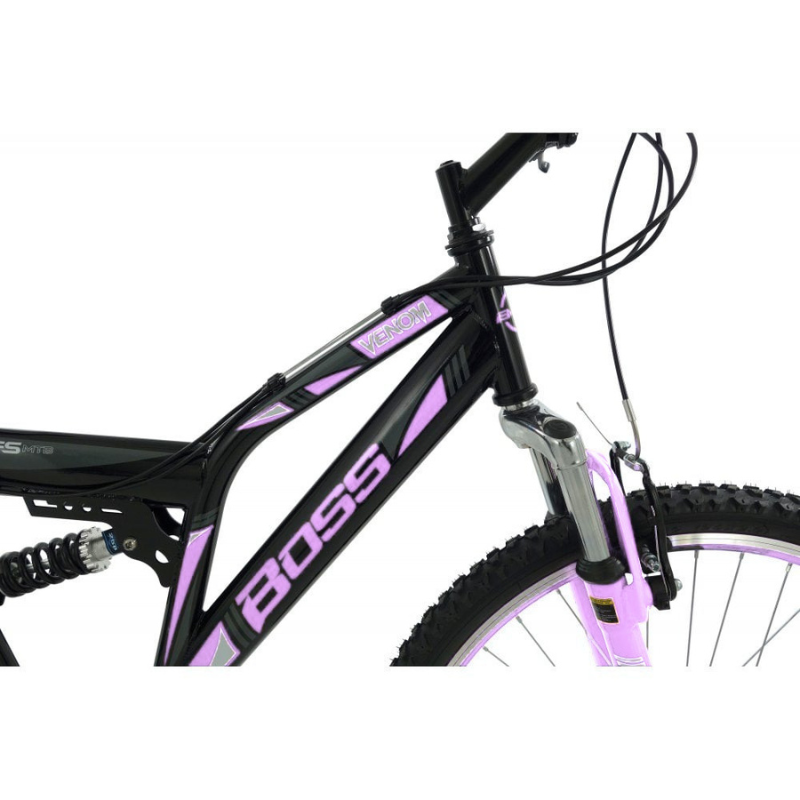 Black and purple bicycle with 'Boss' branding on a white background