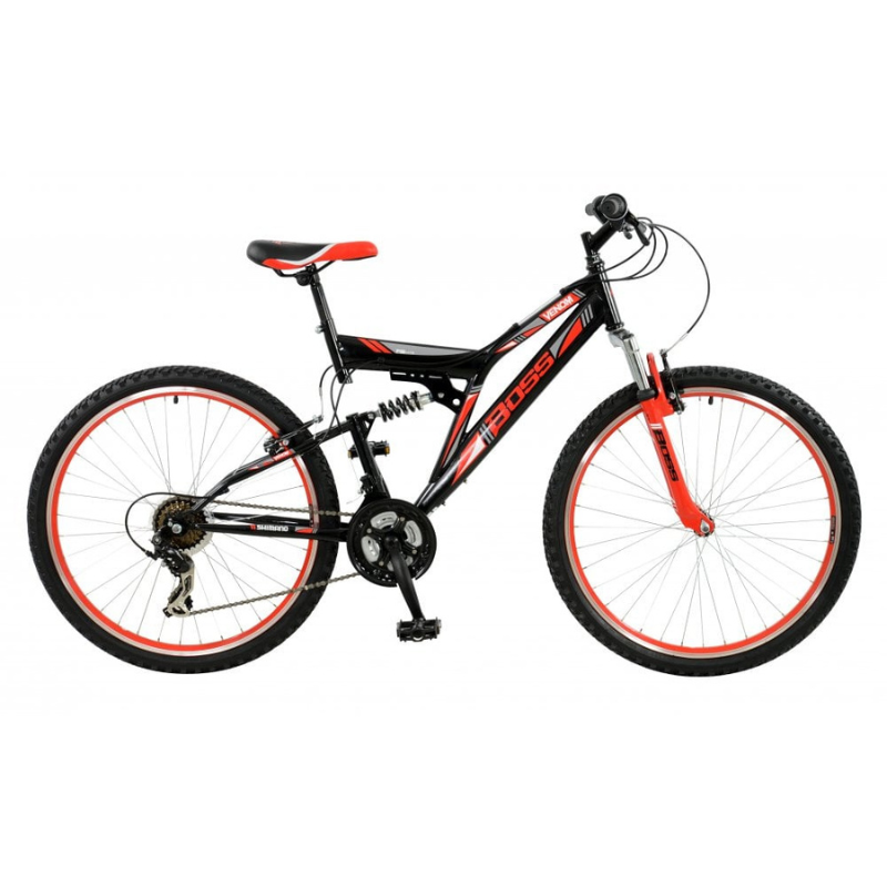 Black and red Boss Venom mountain bike on a white background