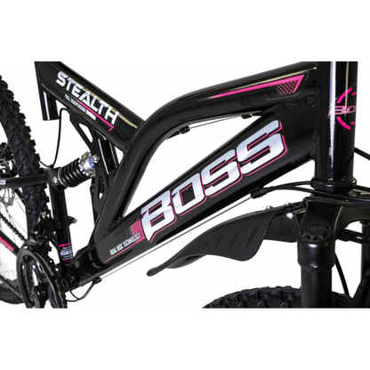 Boss Stealth 26” Mountain Bike Black/Pink – 21 Speed Full Suspension MTB with Disc Brakes | UK