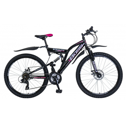 Boss Stealth 26” Mountain Bike Black/Pink – 21 Speed Full Suspension MTB with Disc Brakes | UK