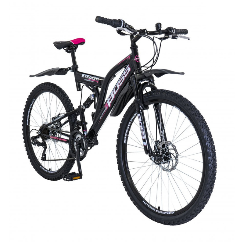 Boss Stealth 26” Mountain Bike Black/Pink – 21 Speed Full Suspension MTB with Disc Brakes | UK
