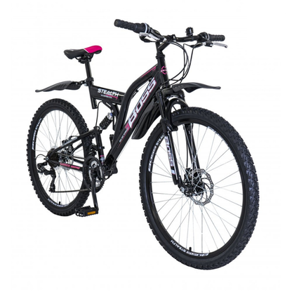 Boss Stealth 26” Mountain Bike Black/Pink – 21 Speed Full Suspension MTB with Disc Brakes | UK