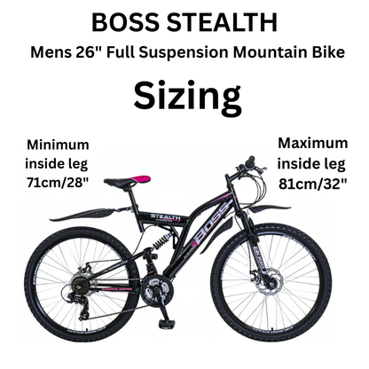 Boss Stealth 26” Mountain Bike Black/Pink – 21 Speed Full Suspension MTB with Disc Brakes | UK