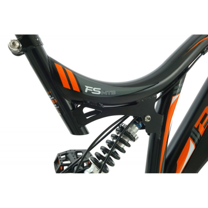 Close-up of a bicycle frame with suspension fork on a white background