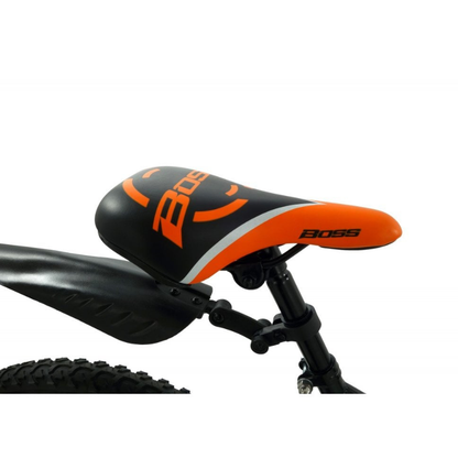 Orange and black bicycle seat with 'Boss' branding on a white background
