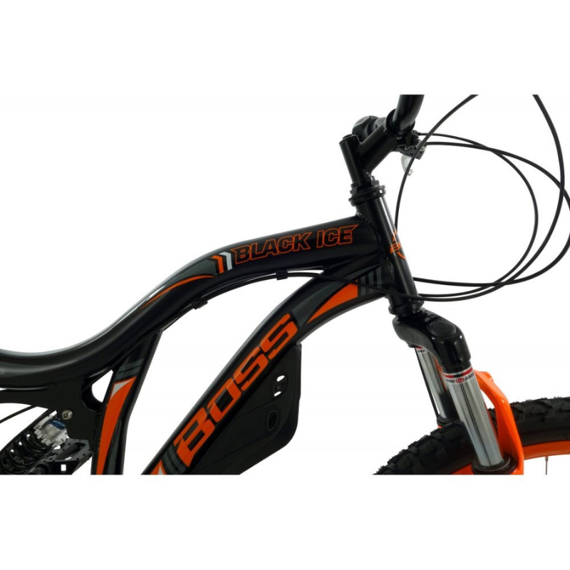 Close-up of a bicycle with 'Black Ice' and 'Boss' branding on a white background