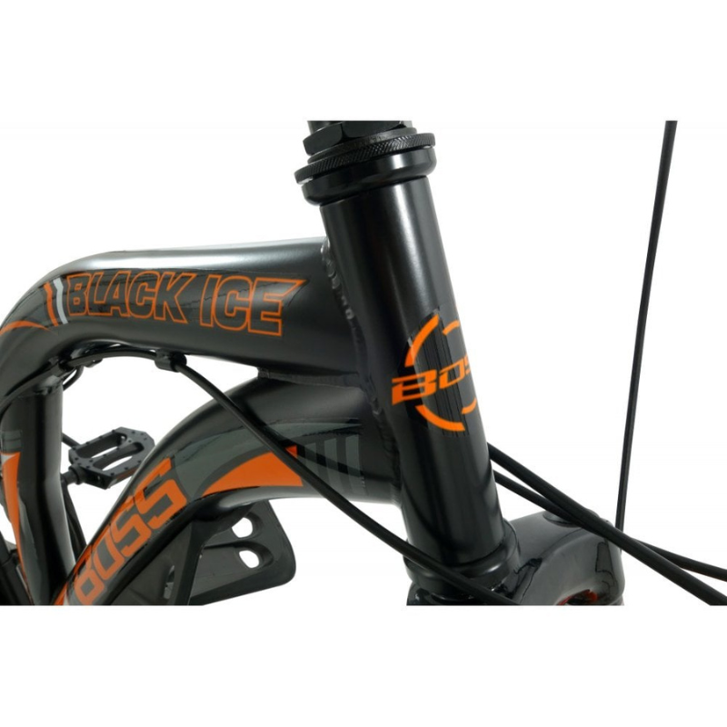 Close-up of a bicycle frame with 'Black Ice' and 'Boss' branding on a white background