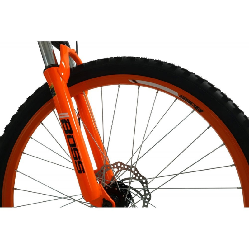 Close-up of an orange bicycle frame with 'BOSS' branding on a white background