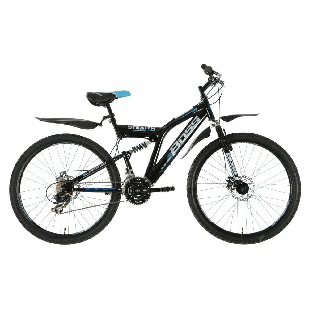 Boss Stealth 26” Mountain Bike Black/Blue – 21 Speed Full Suspension MTB with Disc Brakes | UK