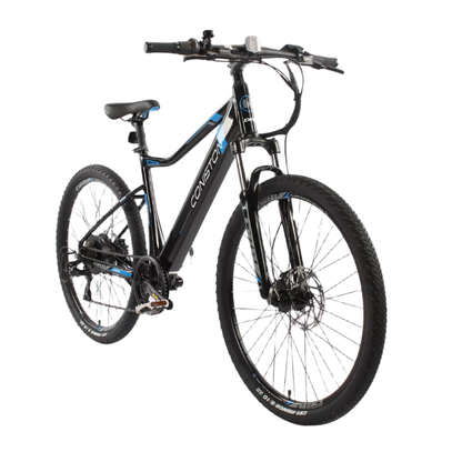 Black mountain bike with blue accents on a white background