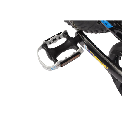 Close-up of a bicycle pedal and chain on a white background