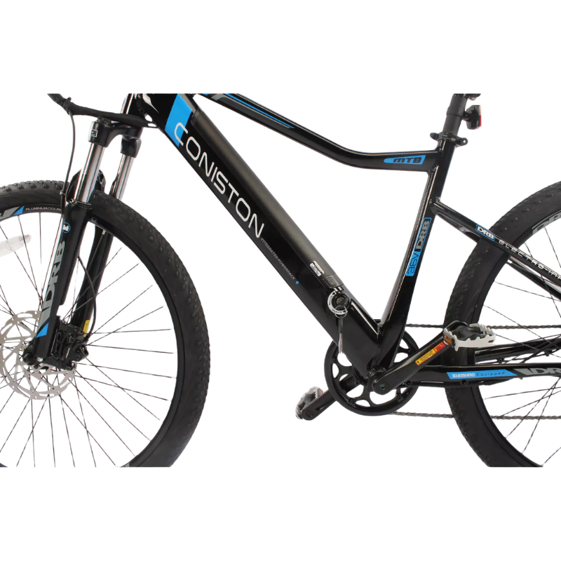 Black bicycle with 'Coniston' branding on a white background