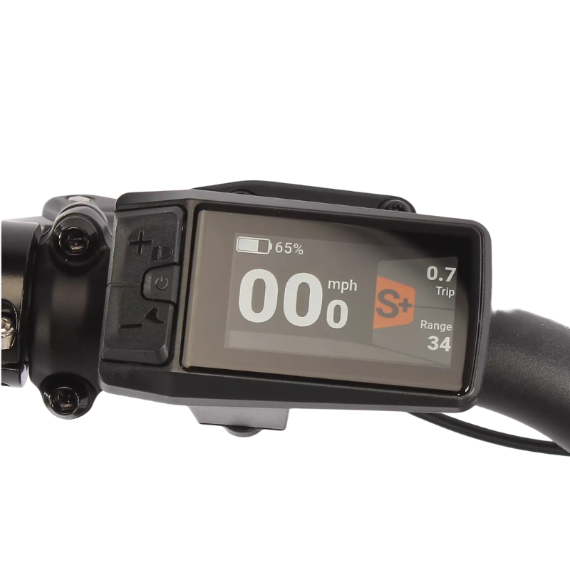 Digital display on a bicycle handlebar showing speed, battery life, trip, range, and other metrics.