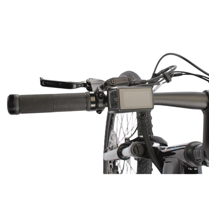 Close-up of a bicycle handlebar with control panel on a white background