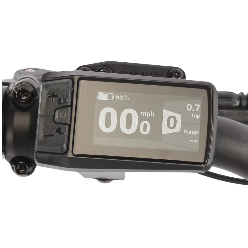 Digital display on a e-bike handlebar with various readings.