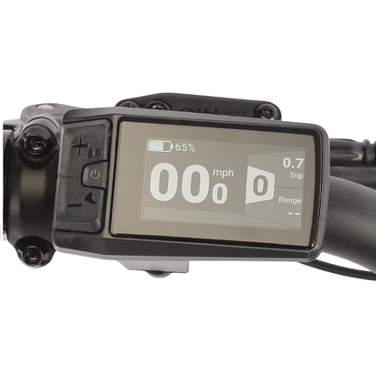 Digital display on a e-bike handlebar with various readings.