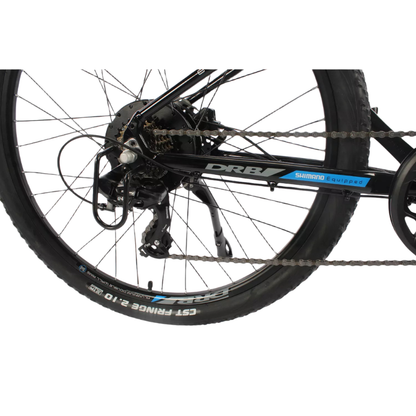 Close-up of a Dallingridge Coniston V3 bicycle wheel with chain and shimano gear system on a white background