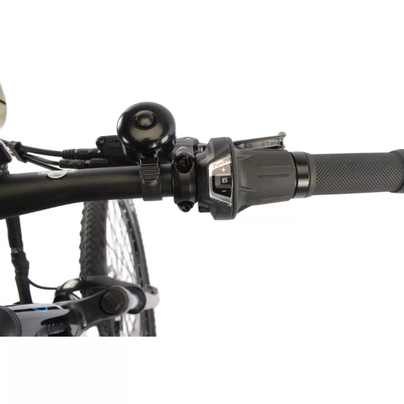 Close-up of a bicycle handlebar with brake lever and bell on a white background