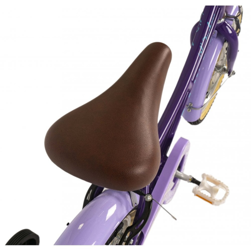 Close-up of a purple bicycle with a brown seat on a white background