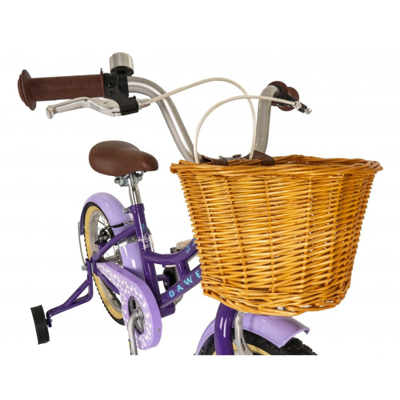 Purple Lil Duchess 16" children's bicycle with a brown wicker basket on a white background