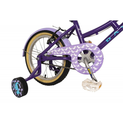 Purple children's bicycle with training wheels on a white background