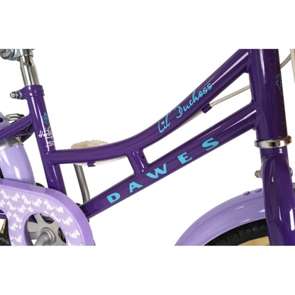 Purple bicycle frame with 'Dawes' branding on a white background