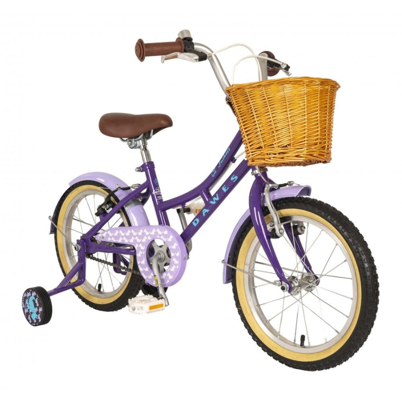 Purple Dawes Lil Duchess 16" children's bicycle with a basket on a white background