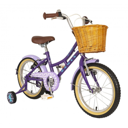 Purple Dawes Lil Duchess 16" children's bicycle with a basket on a white background