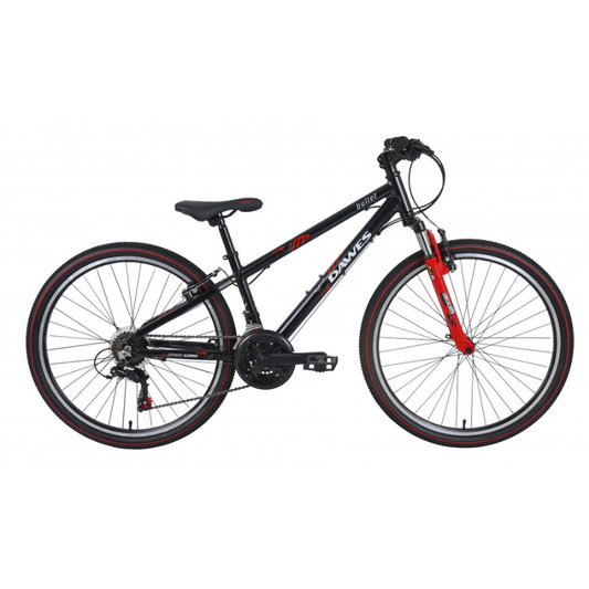 Black Dawes Bullet MTB with red accents on a white background