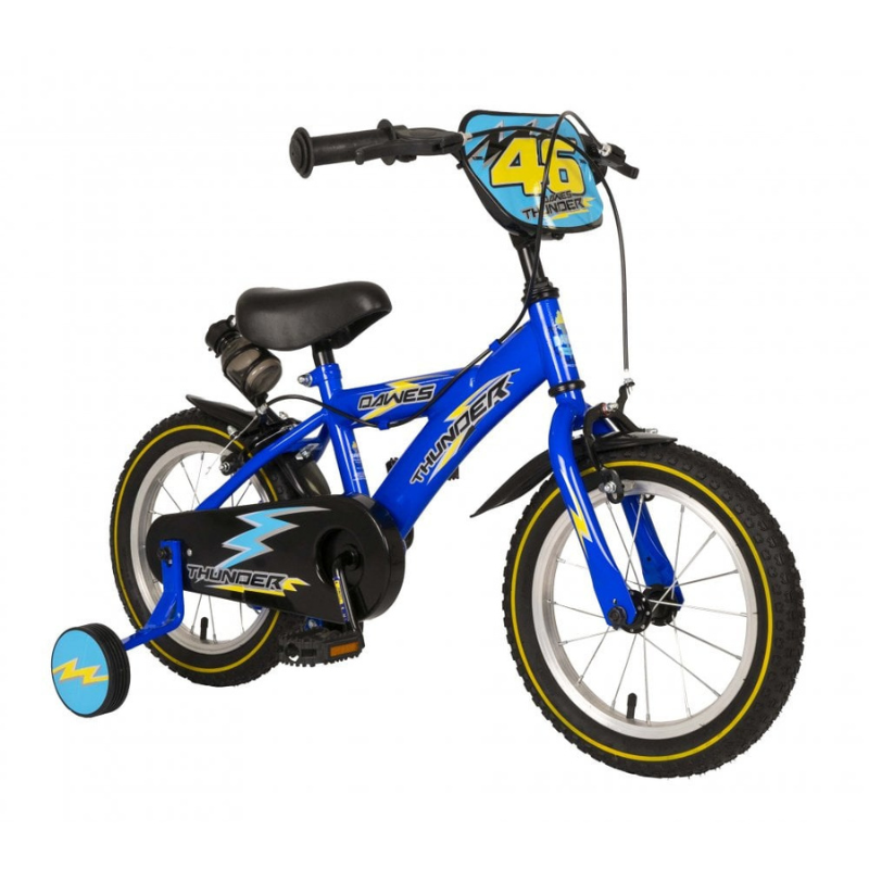 Blue Dawes Thunder children's bicycle with training wheels on a white background