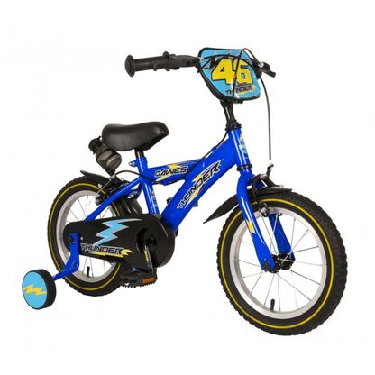 Blue Dawes Thunder children's bicycle with training wheels on a white background