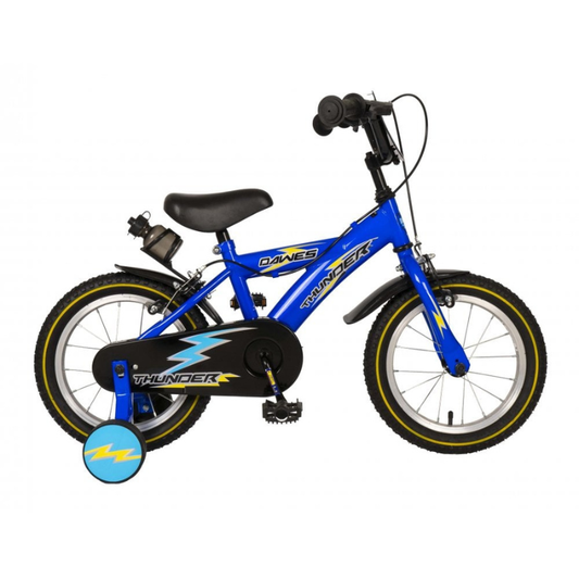 Blue children's Dawes Thunder 14" bicycle with training wheel on a white background