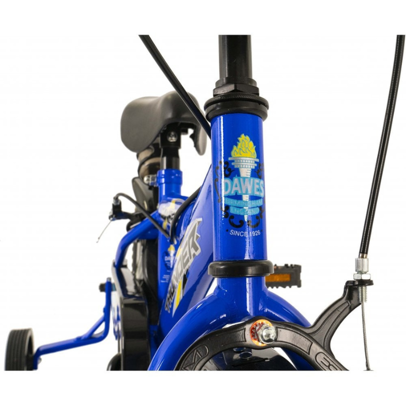 Close-up of a blue bicycle with a brand logo on the frame against a white background