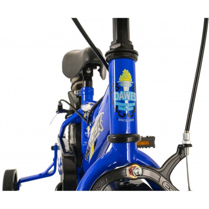 Close-up of a blue bicycle with a brand logo on the frame against a white background