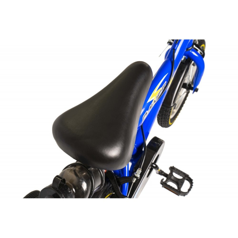 Blue bicycle with black seat and foot pedal on a white background